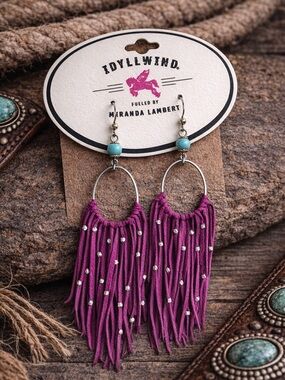 Western Festival Purple Fringe Hoop Earrings - Turquoise Bead Accents